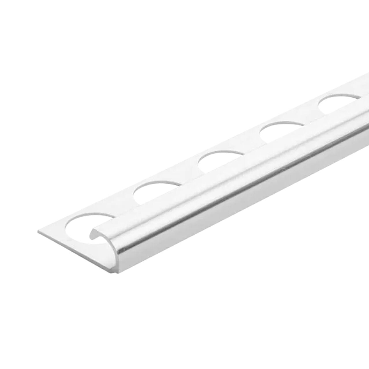 Go Builds 3/8 in. x 98-1/2 in. Aluminum R-Round Bullnose Metal Tile Edging Trim in polished chrome offers a sleek silver finish, rounded edge, and evenly spaced circular cutouts for stylish tile edging.
